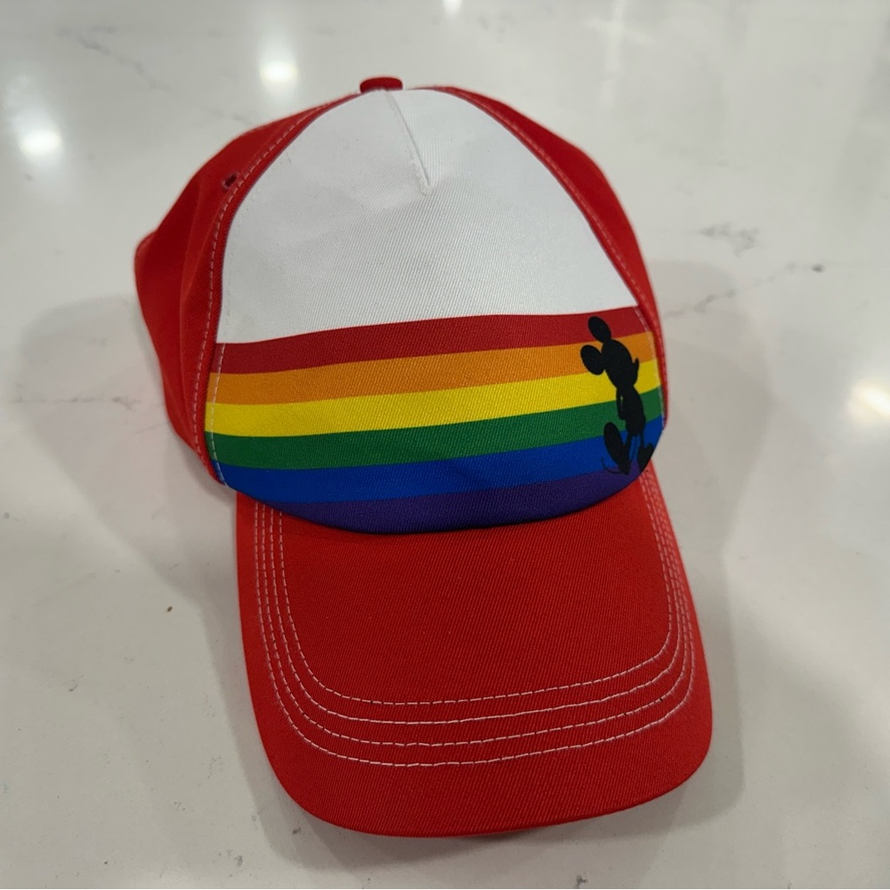 Disney Vibrant Red Hat with Rainbow Stripe